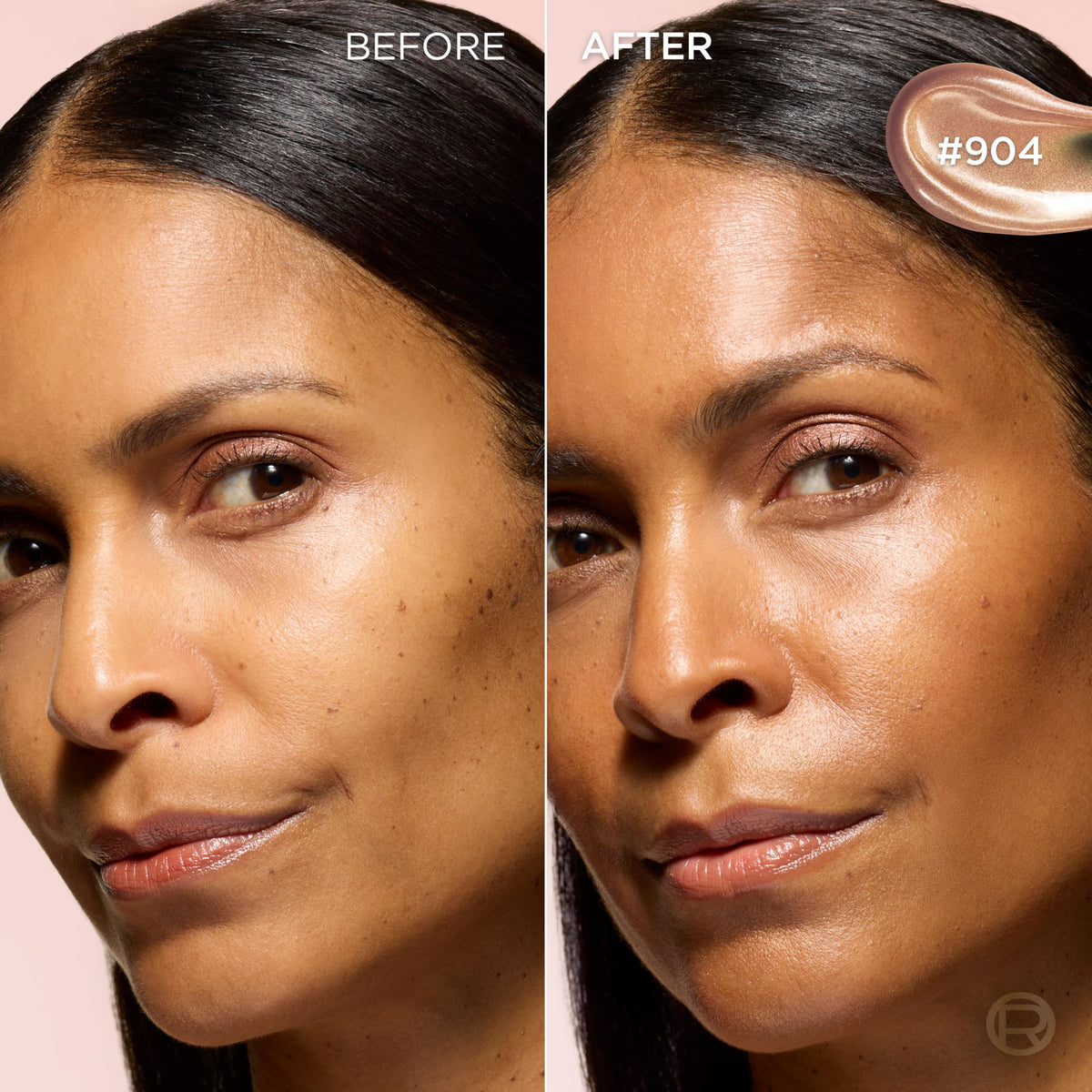 L'Oreal Paris applying Lumi Glotion to cheek for luminous highlight