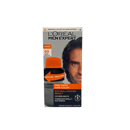 L'Oreal Paris Men Expert front box showing dark brown shade and two-application kit benefit