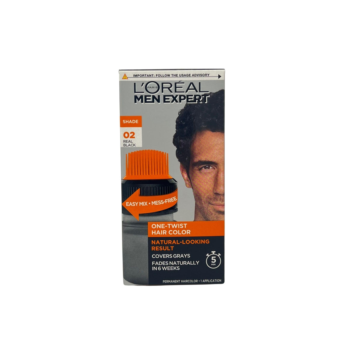 L'Oreal Paris Men Expert front packaging showing Real Black 02 and two-application kit benefit: clear product info
