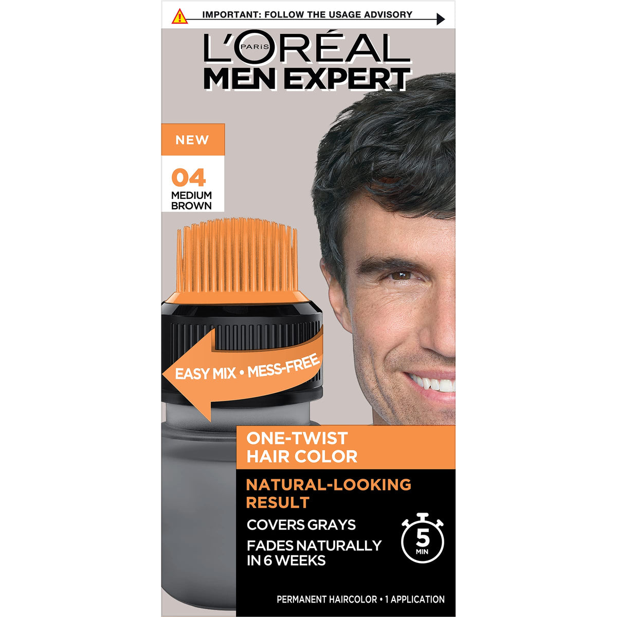 L'Oreal Paris Men Expert front packaging showing Medium Brown 04 and One Twist benefits
