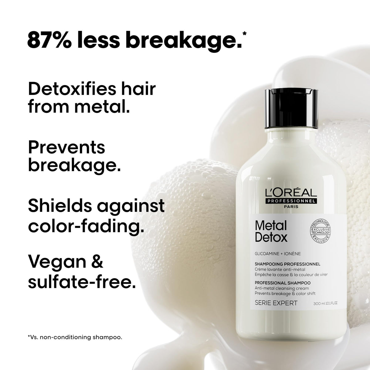 L'Oréal Professionnel Paris label close-up highlighting chelating and sulfate-free ingredients