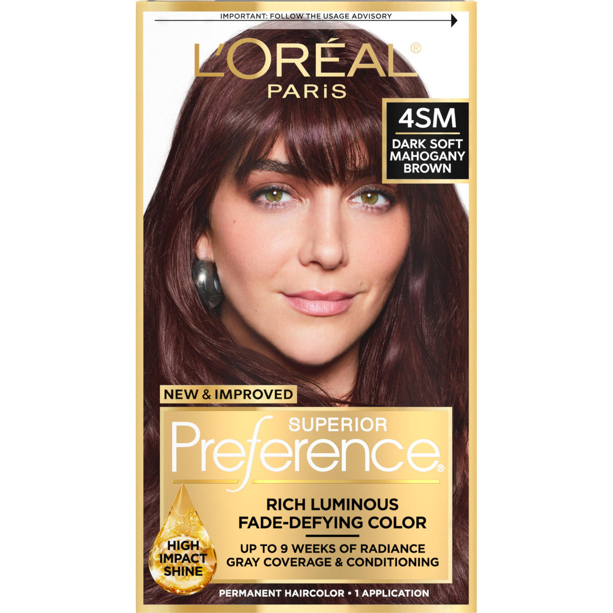 L'Oreal Paris front packaging showing shade 4SM and key benefits