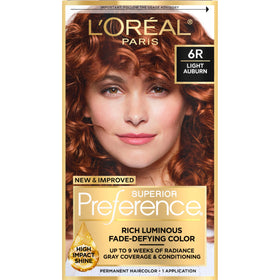 L'Oreal Paris front packaging showing light auburn shade and benefits