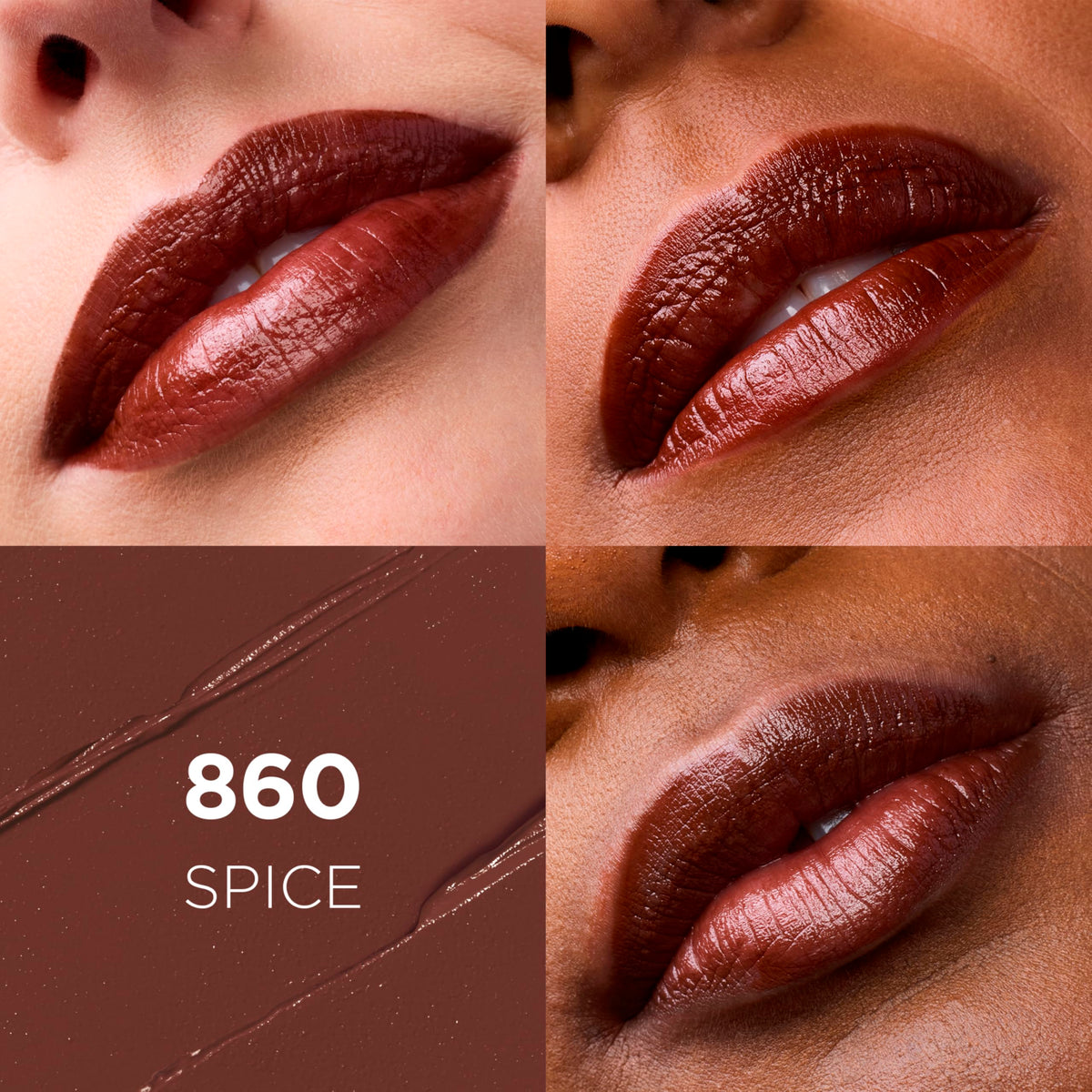 L'Oreal Paris 860 Spice angled bullet close-up highlighting creamy satin texture and smooth glide