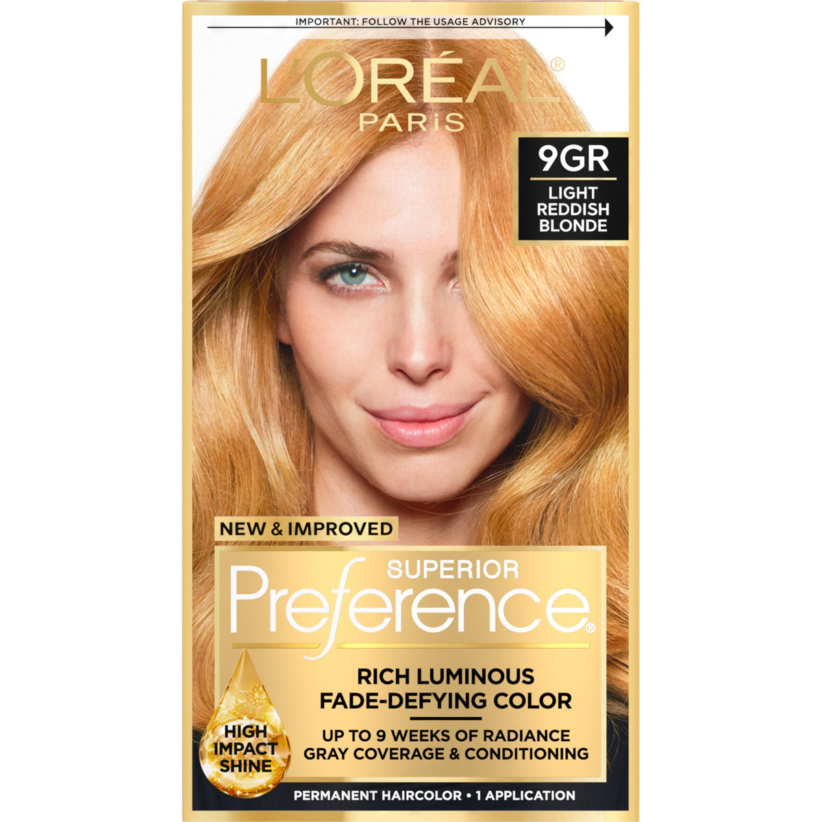 L'Oreal Paris front packaging showing shade 9GR and kit contents for clarity