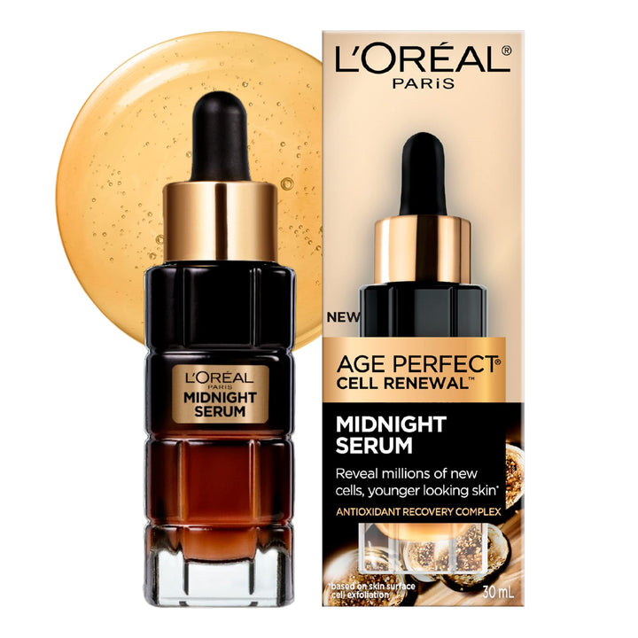 L'Oreal Paris bottle front view showing elegant label and overnight serum benefits
