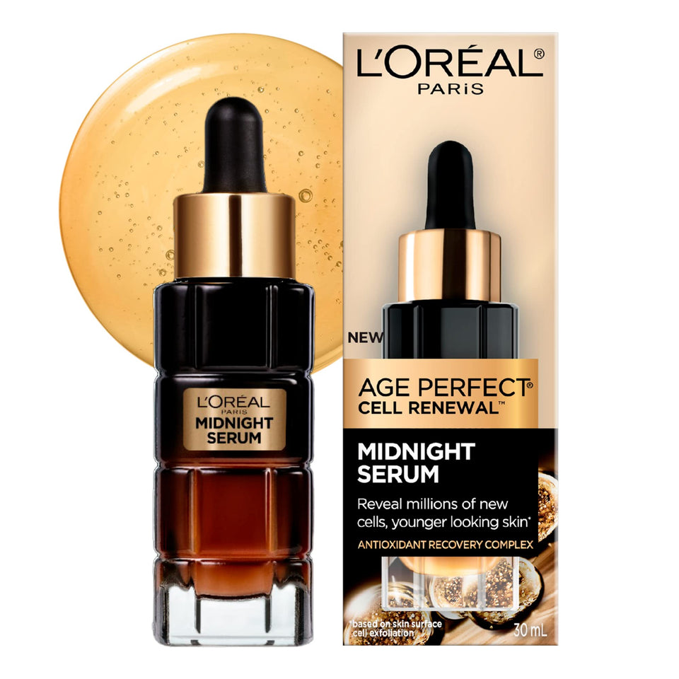 L'Oreal Paris bottle front view showing elegant label and overnight serum benefits