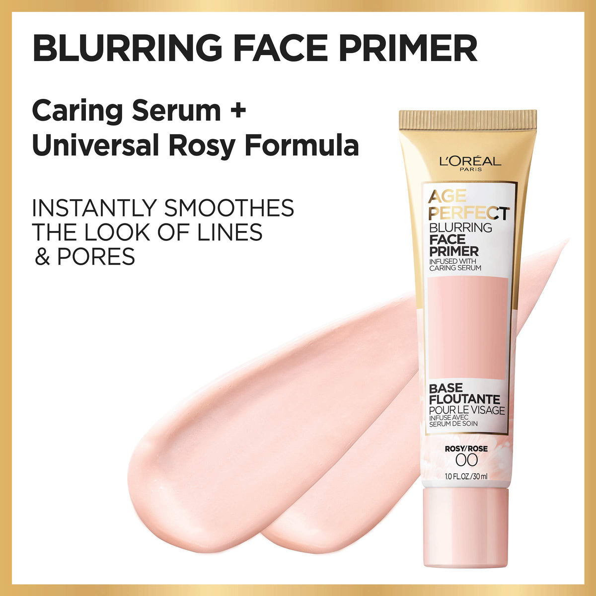 L'Oreal Paris primer texture close-up displaying creamy serum and blurring finish benefit