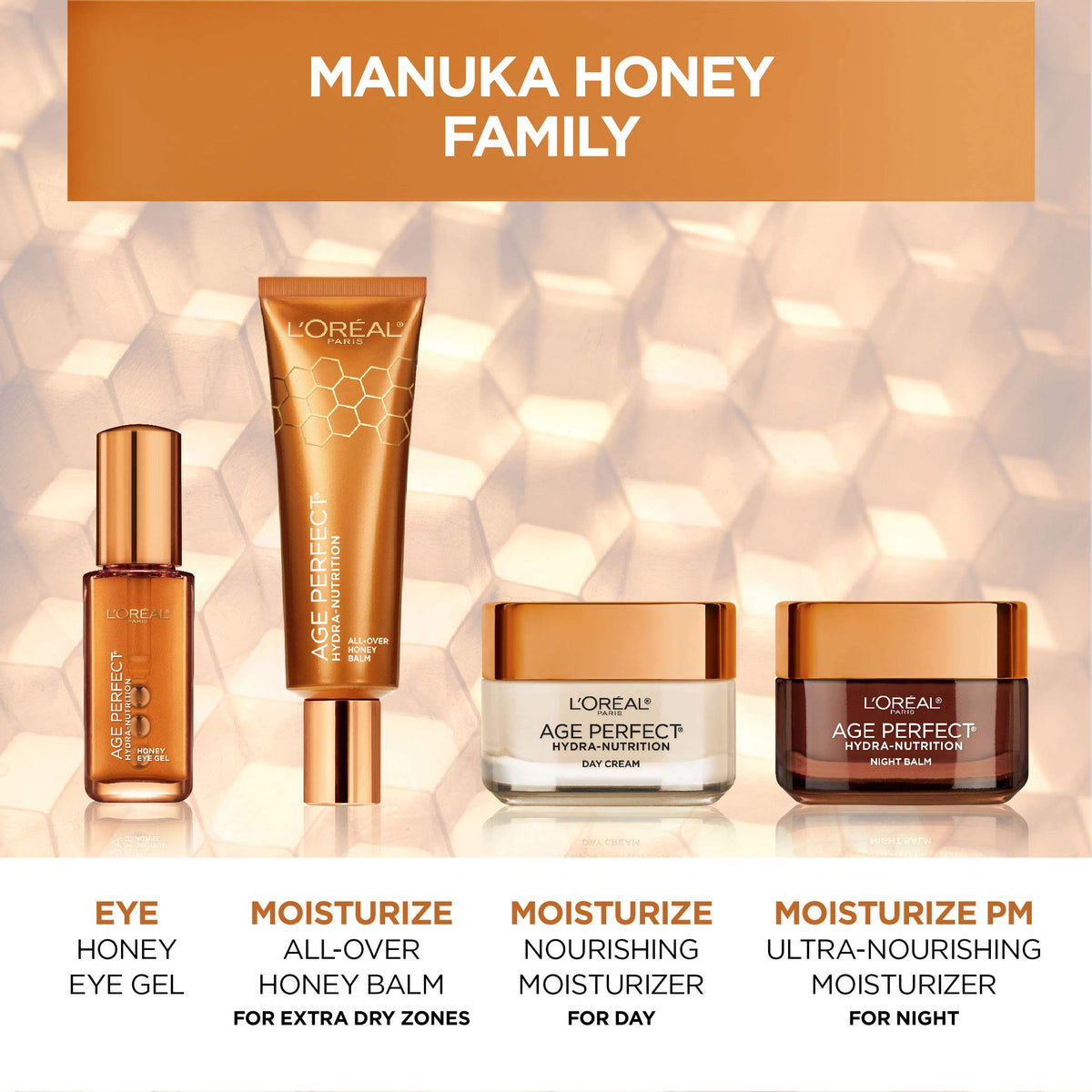 L'Oreal Paris with Manuka honey visual emphasizing nourishing natural extract benefit