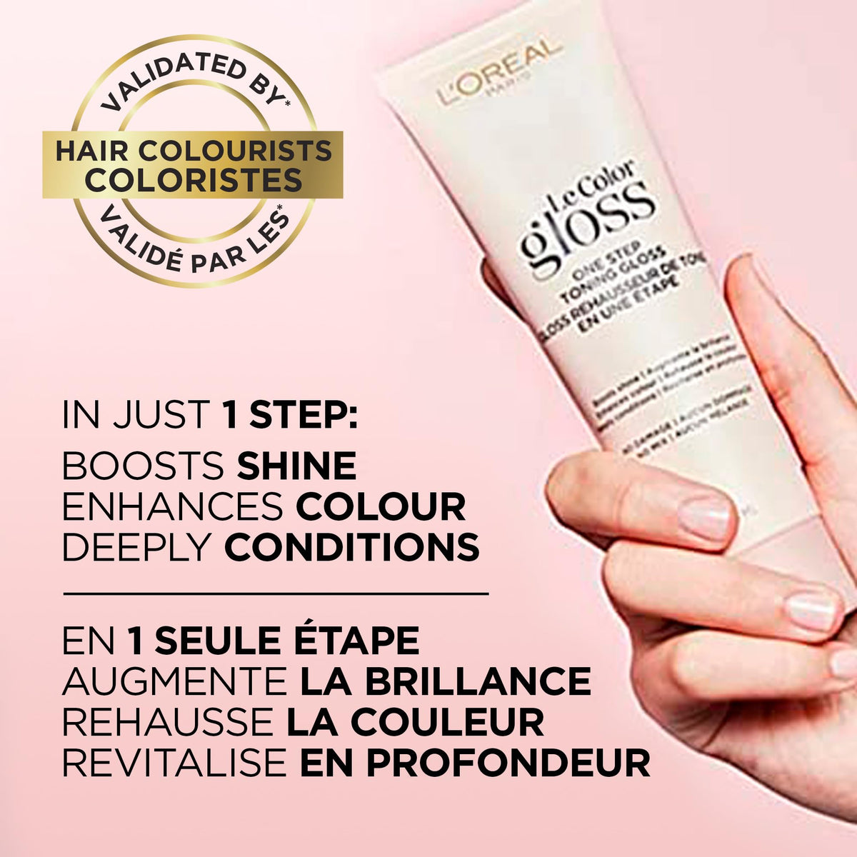 L'Oreal Paris before and after photos showing reduced brass and cooler blonde