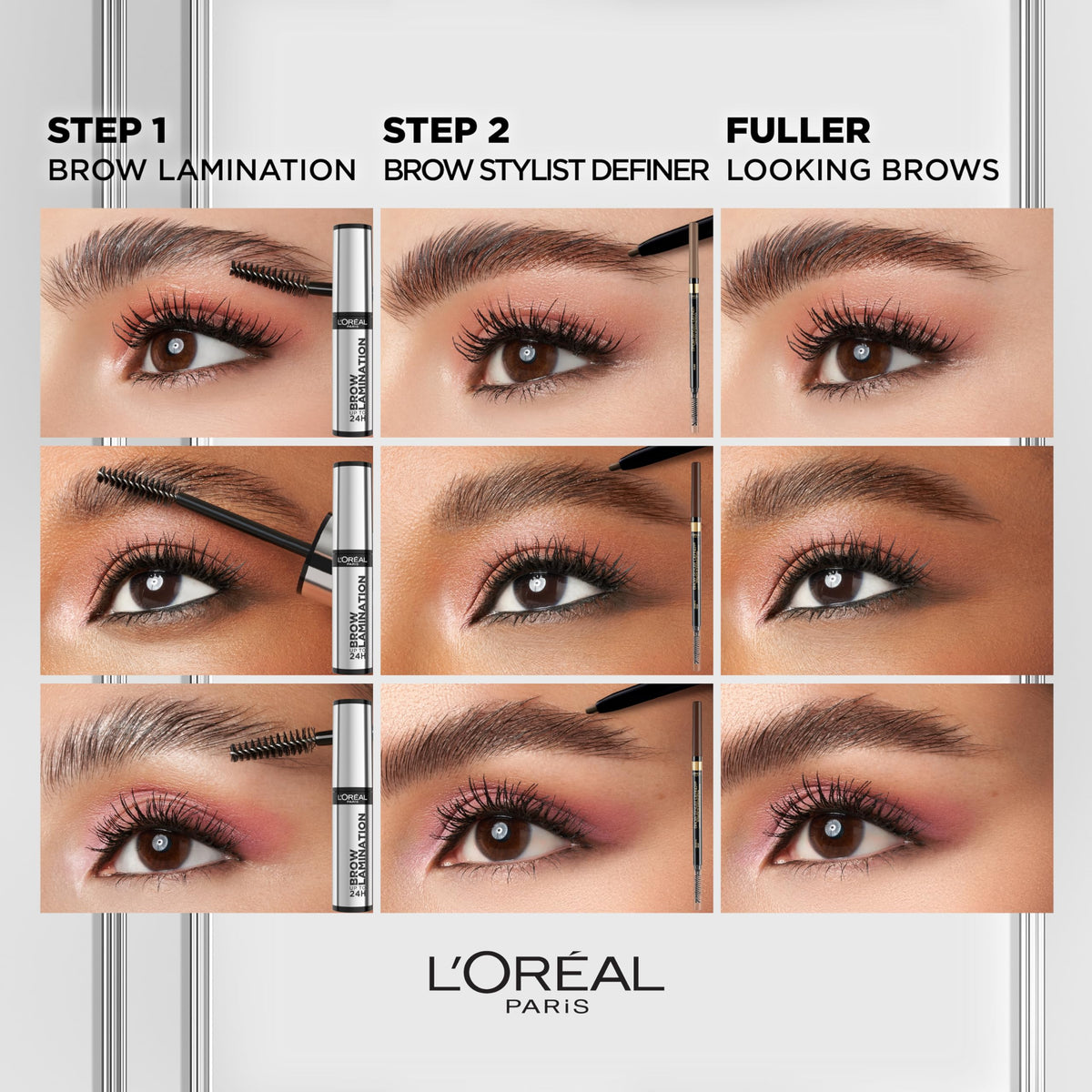 L'Oreal Paris before and after brows highlighting visible lift and hold