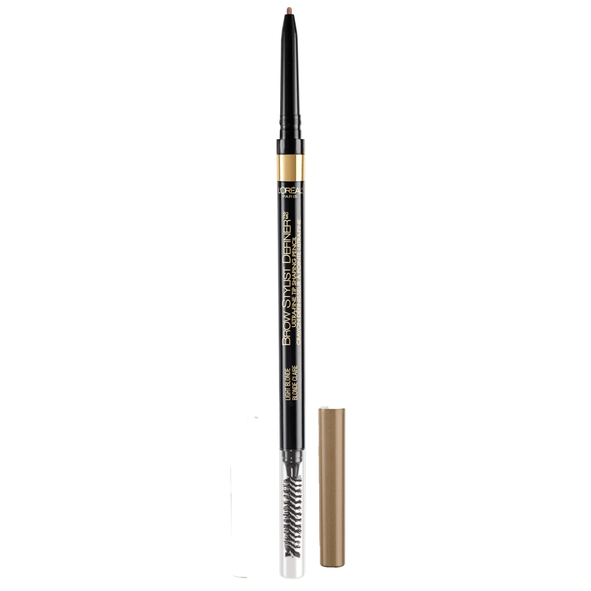 L'Oreal Paris front packaging showing pencil and spoolie, clear brand visibility and convenience