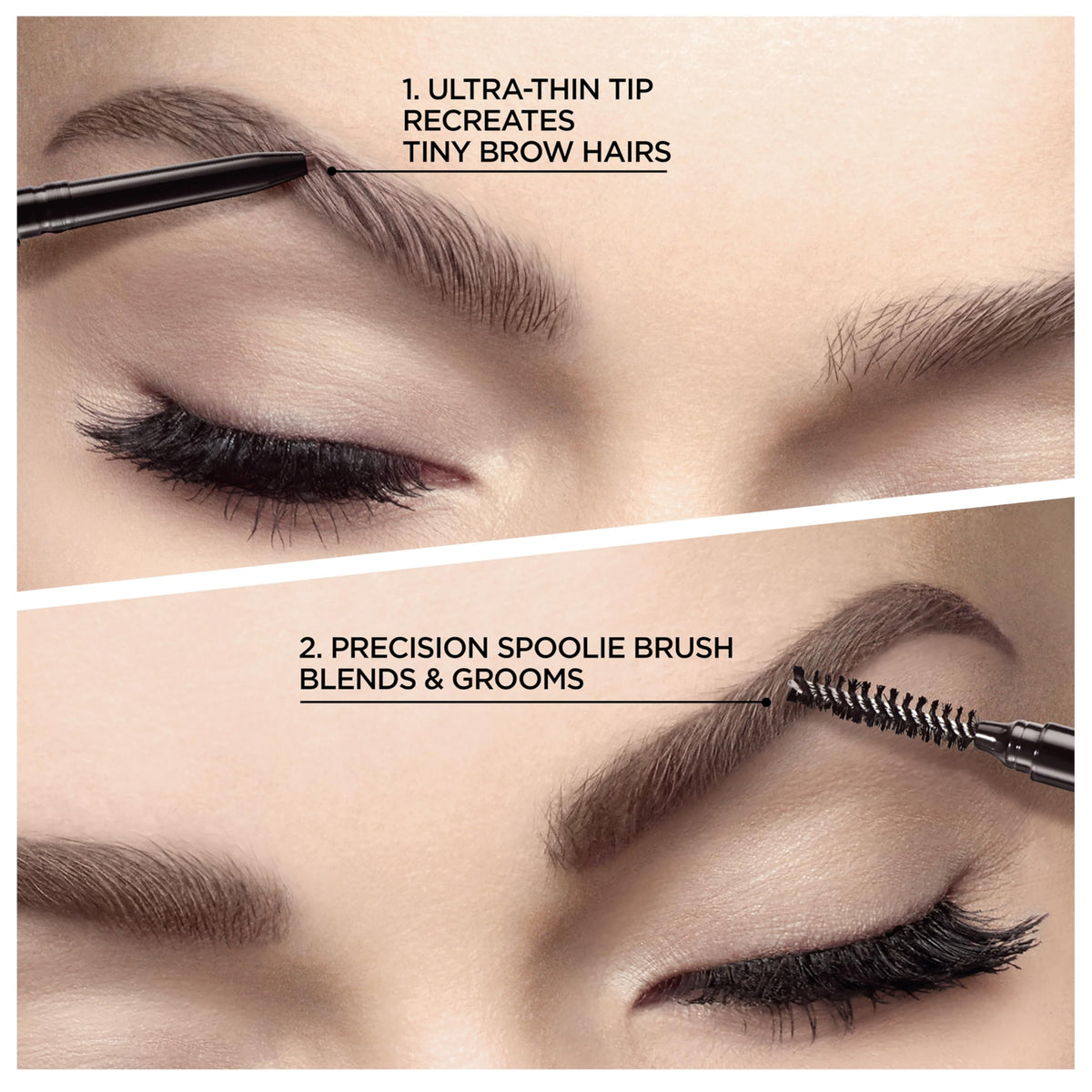 L'Oreal Paris close-up of ultra-fine tip creating hairlike strokes for precise shaping