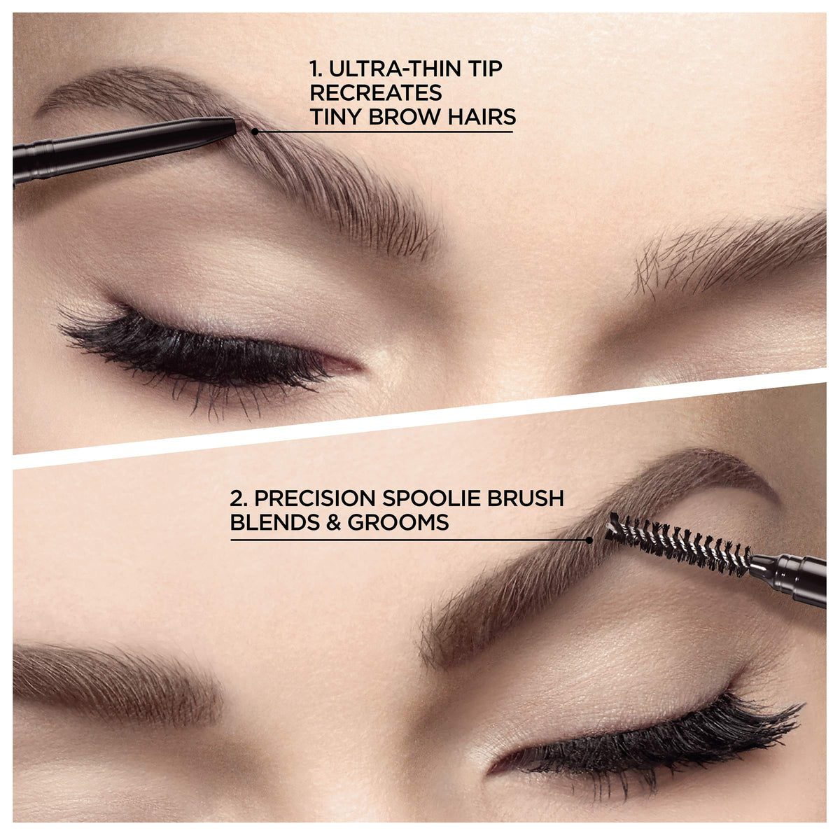 L'Oreal Paris extreme close-up of ultra-fine pencil tip creating hairlike strokes for precision