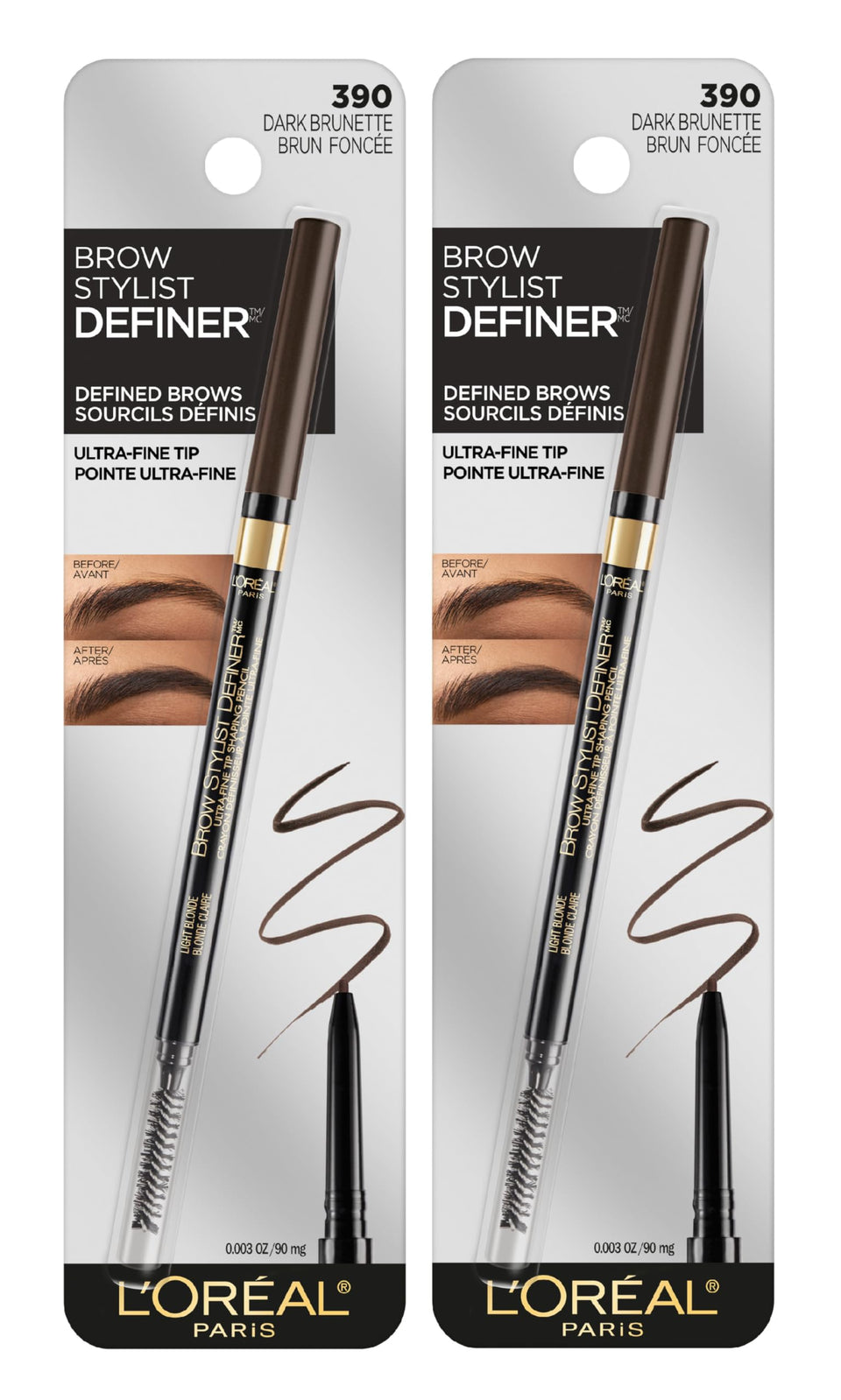 L'Oreal Paris front packaging showing dual pencil pack and benefits