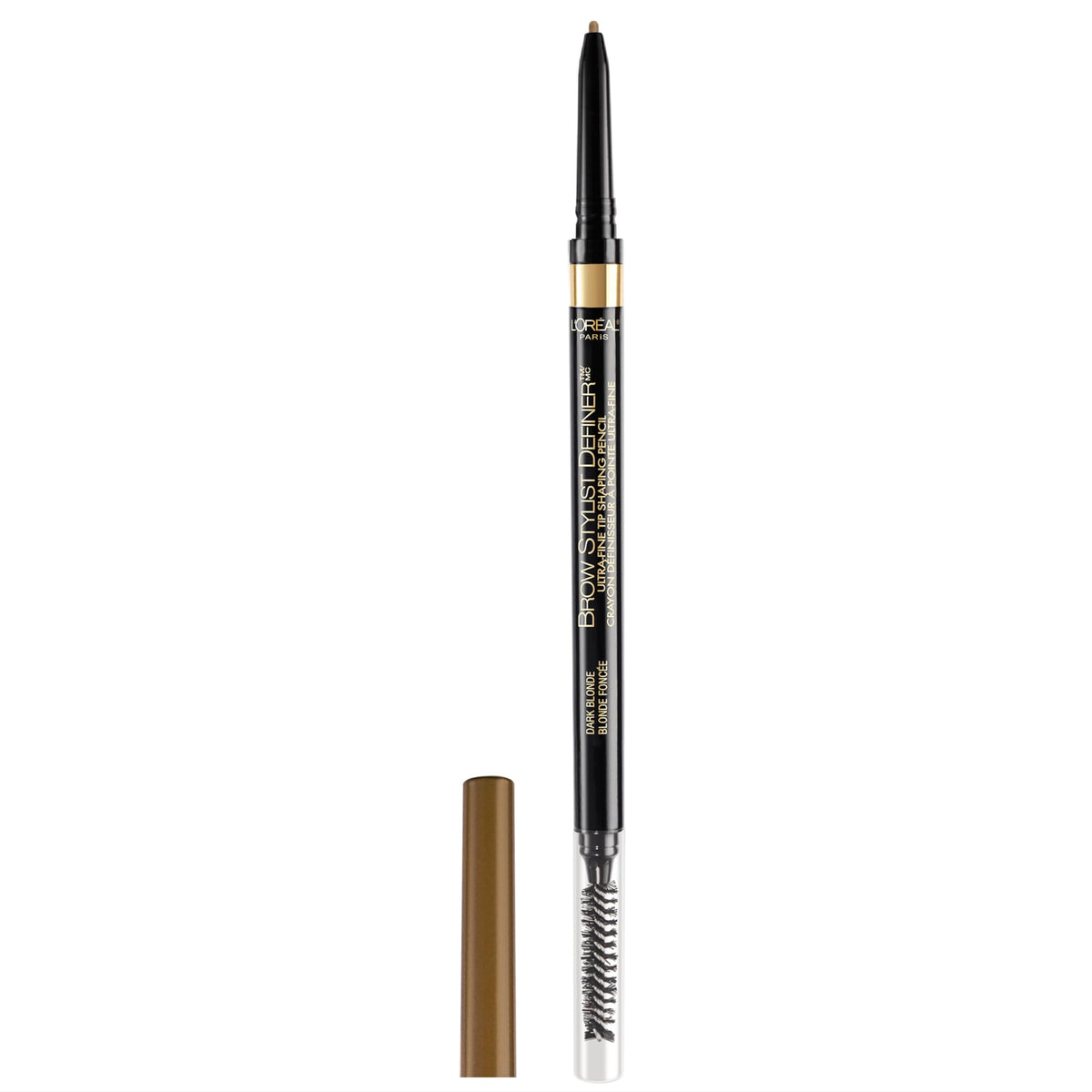 L'Oreal Paris front view of brow pencil showing packaging and tool benefit