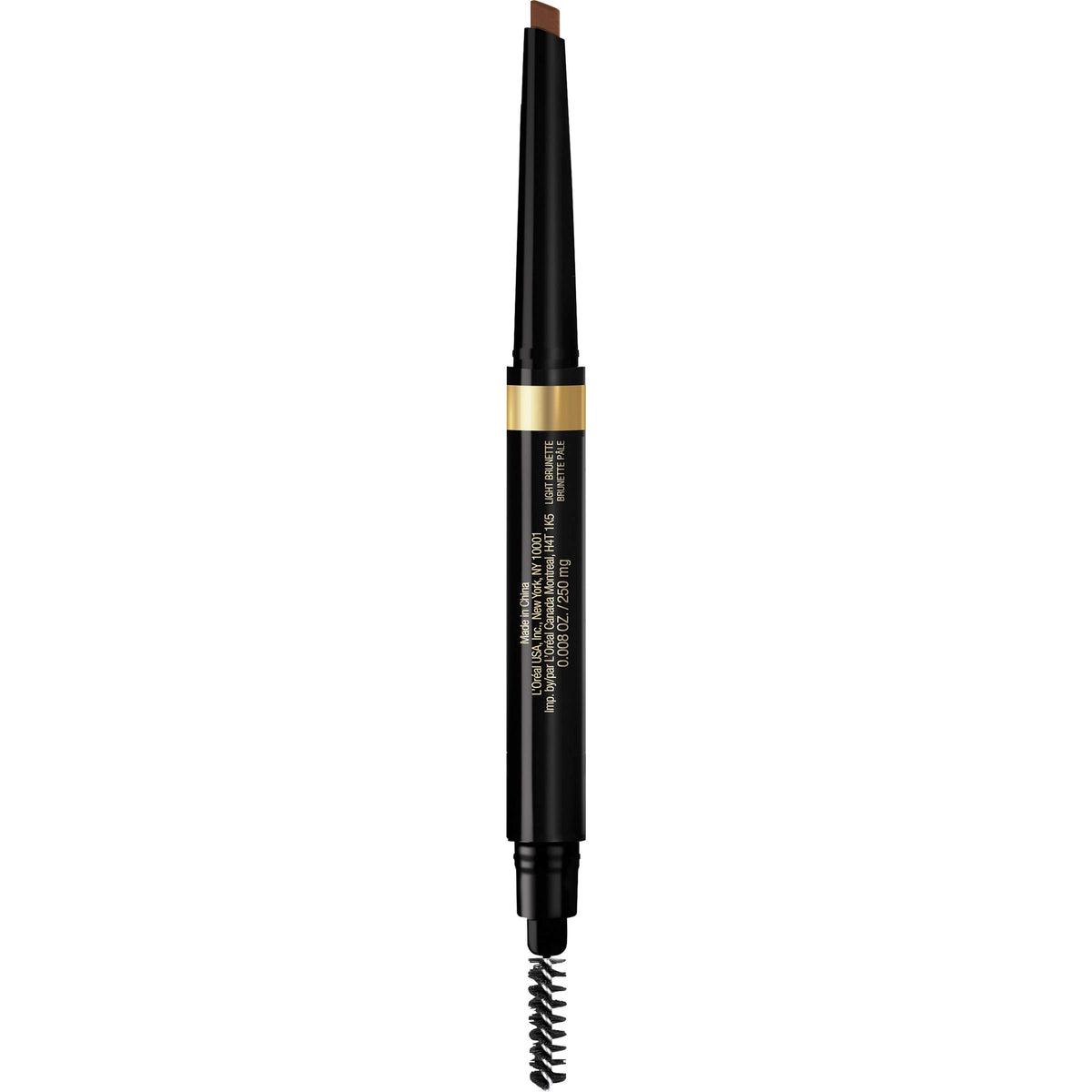 L'Oreal Paris front packaging showing pencil and spoolie for travel-ready brows