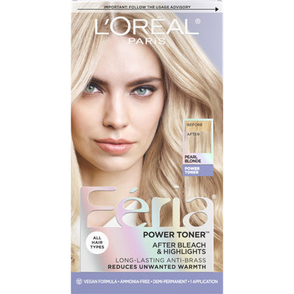 L'Oreal Paris front packaging showing pearl blonde anti-brass toner and benefits