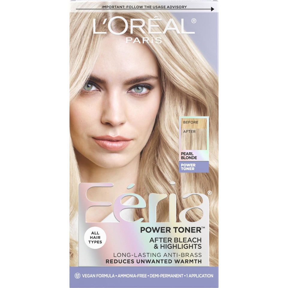 L'Oreal Paris front packaging showing pearl blonde anti-brass toner and benefits