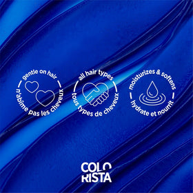 L'Oreal Paris Colorista applied to a bleached hair strand showing vibrant metallic blue