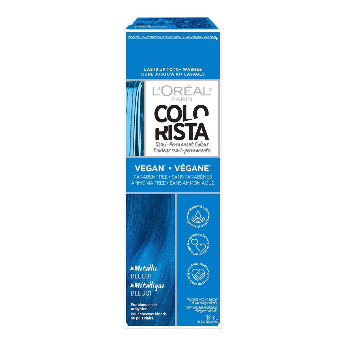 L'Oreal Paris Colorista front packaging showing Metallic Blue shade and benefits