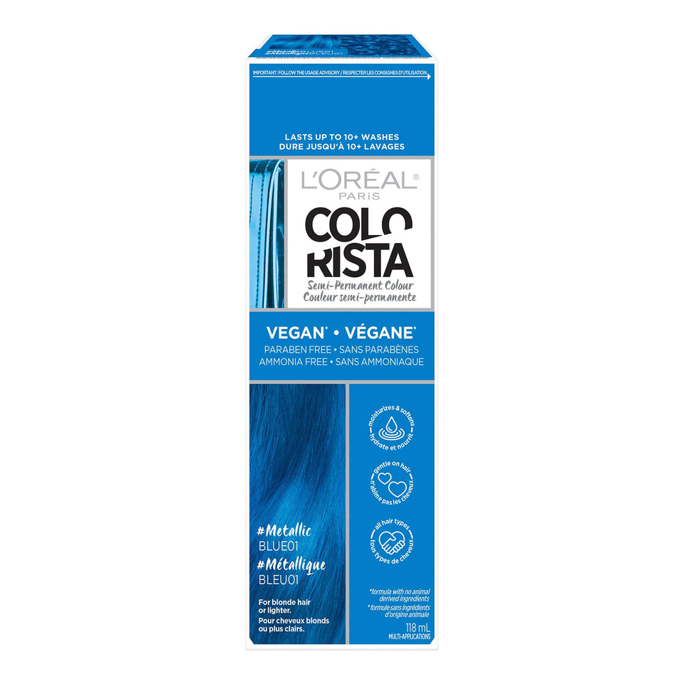 L'Oreal Paris Colorista front packaging showing Metallic Blue shade and benefits