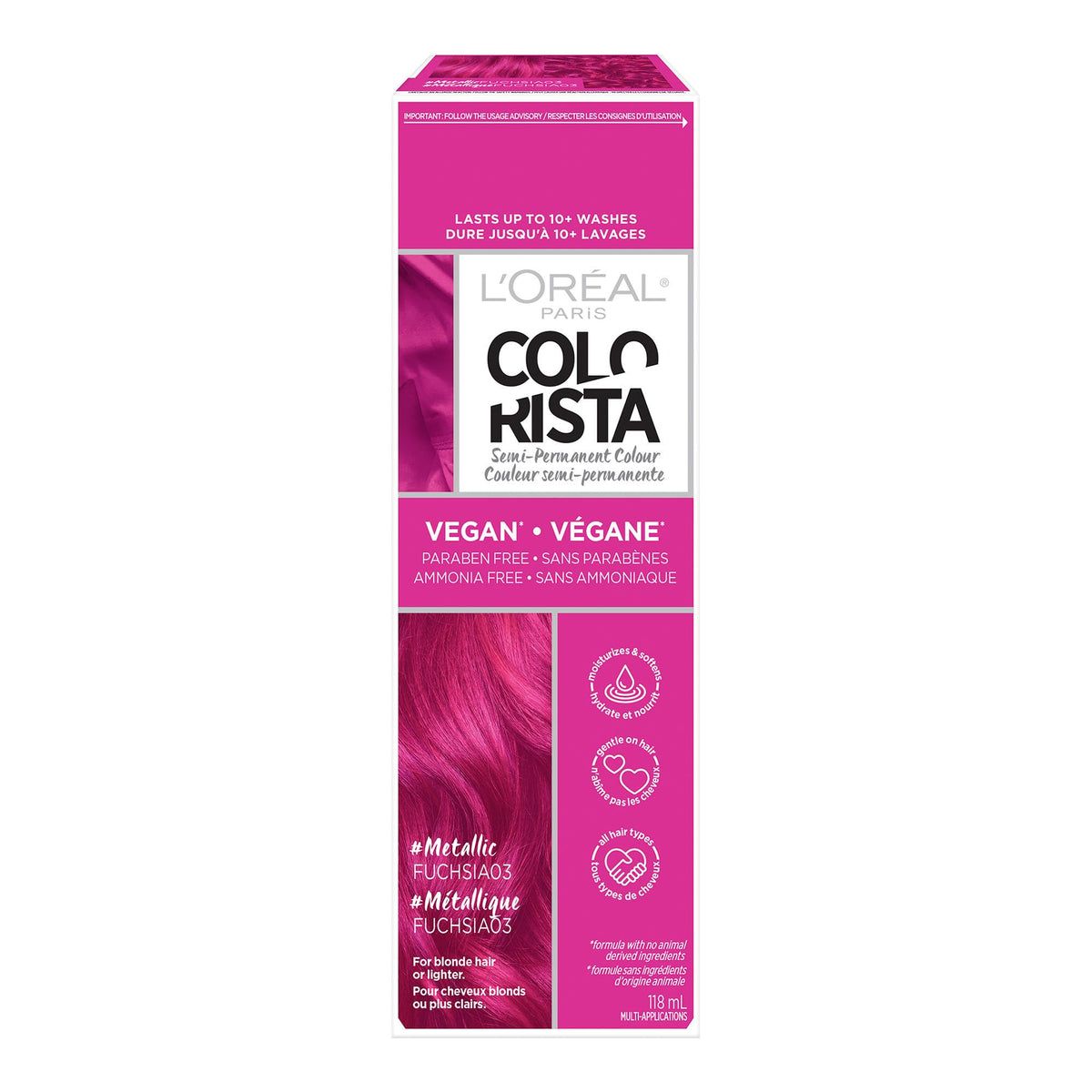 L'Oreal Paris Colorista metallic pink front packaging showing bright color benefit