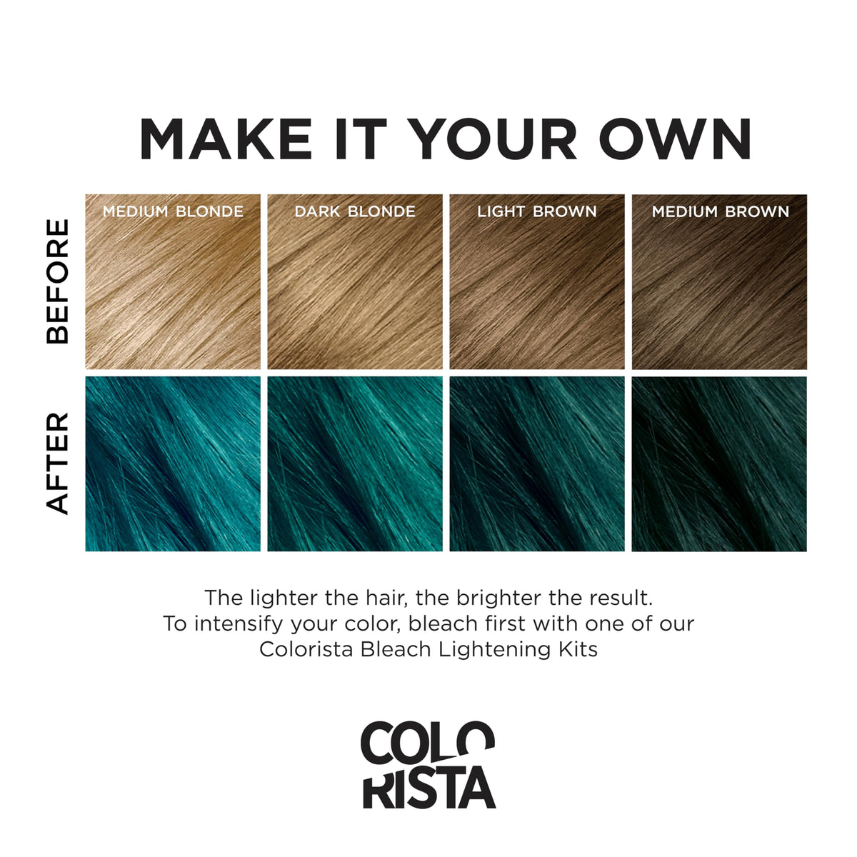 L'Oreal Paris Colorista teal applied to a brunette strand demonstrating teal reflect