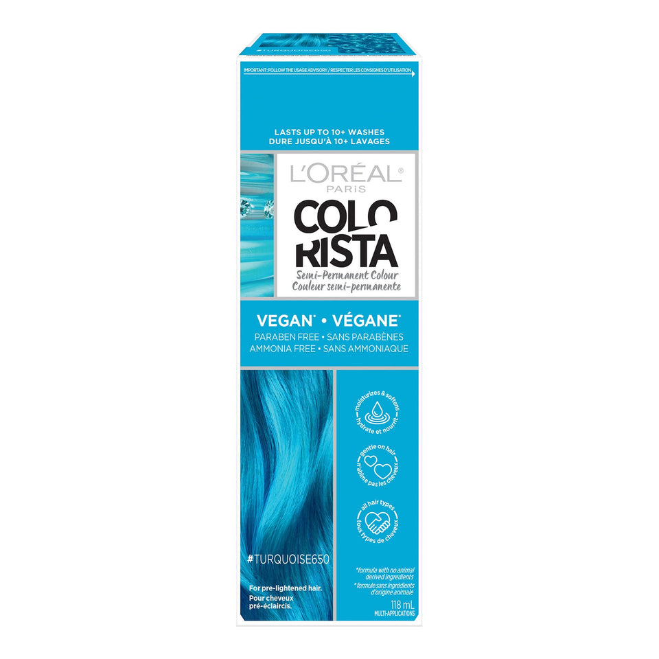 L'Oreal Paris Colorista turquoise front packaging showing vibrant shade and benefits
