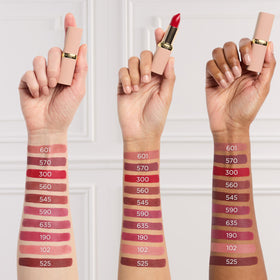 Model wearing L'Oreal Paris blurred matte on lips smiling to show natural finish