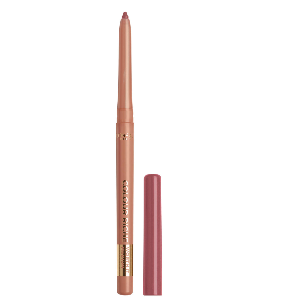 L'Oreal Paris Colour Riche lip liner front view showing mauve shade and twist-up design benefit precise application