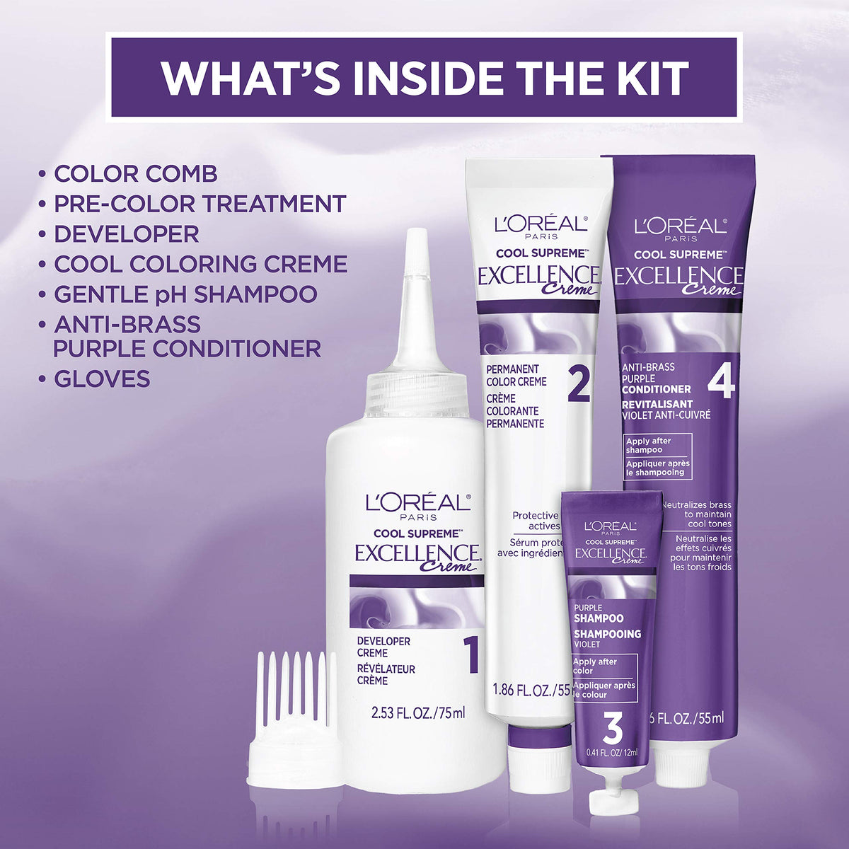 L'Oreal Paris kit contents displayed: colorant, developer, and purple conditioner included