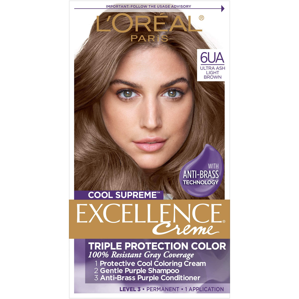 L'Oreal Paris front packaging showing shade 6UA Ultra Ash Light Brown and benefits