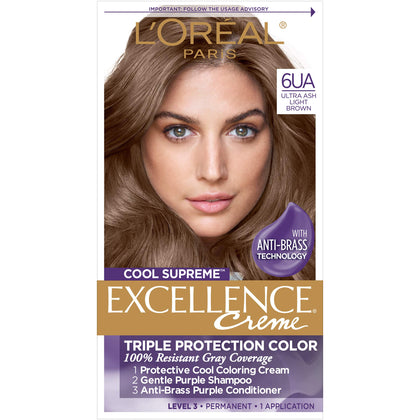 L'Oreal Paris front packaging showing shade 6UA Ultra Ash Light Brown and benefits
