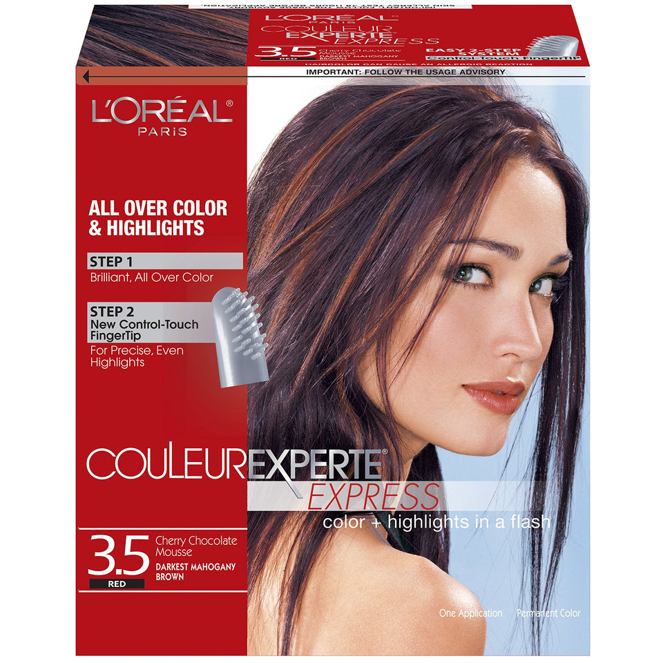 L'Oreal Paris front packaging of Couleur Experte Chocolate Mousse showing kit components and benefits