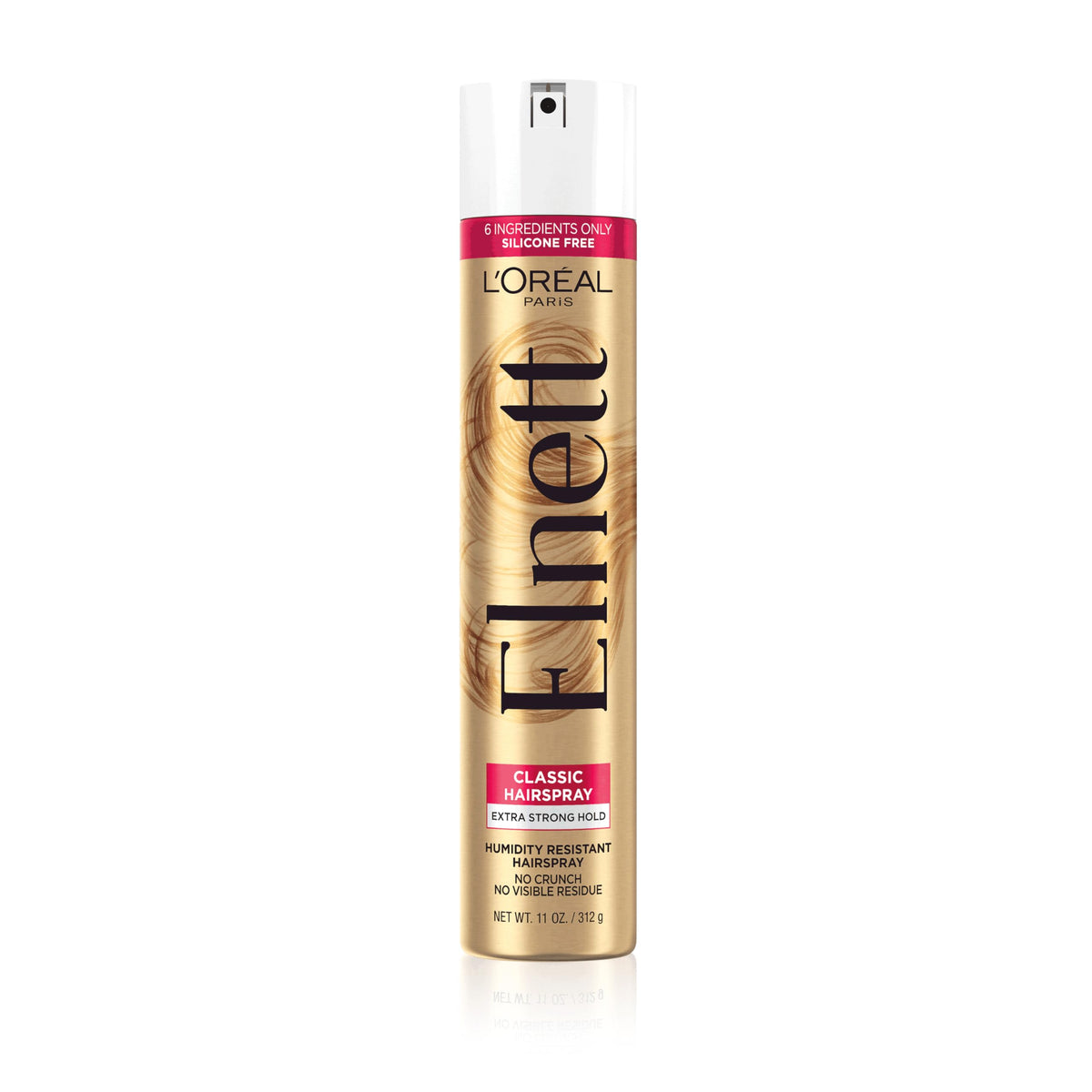 L'Oreal Paris Elnett Classic front packaging showing gold can and label benefit