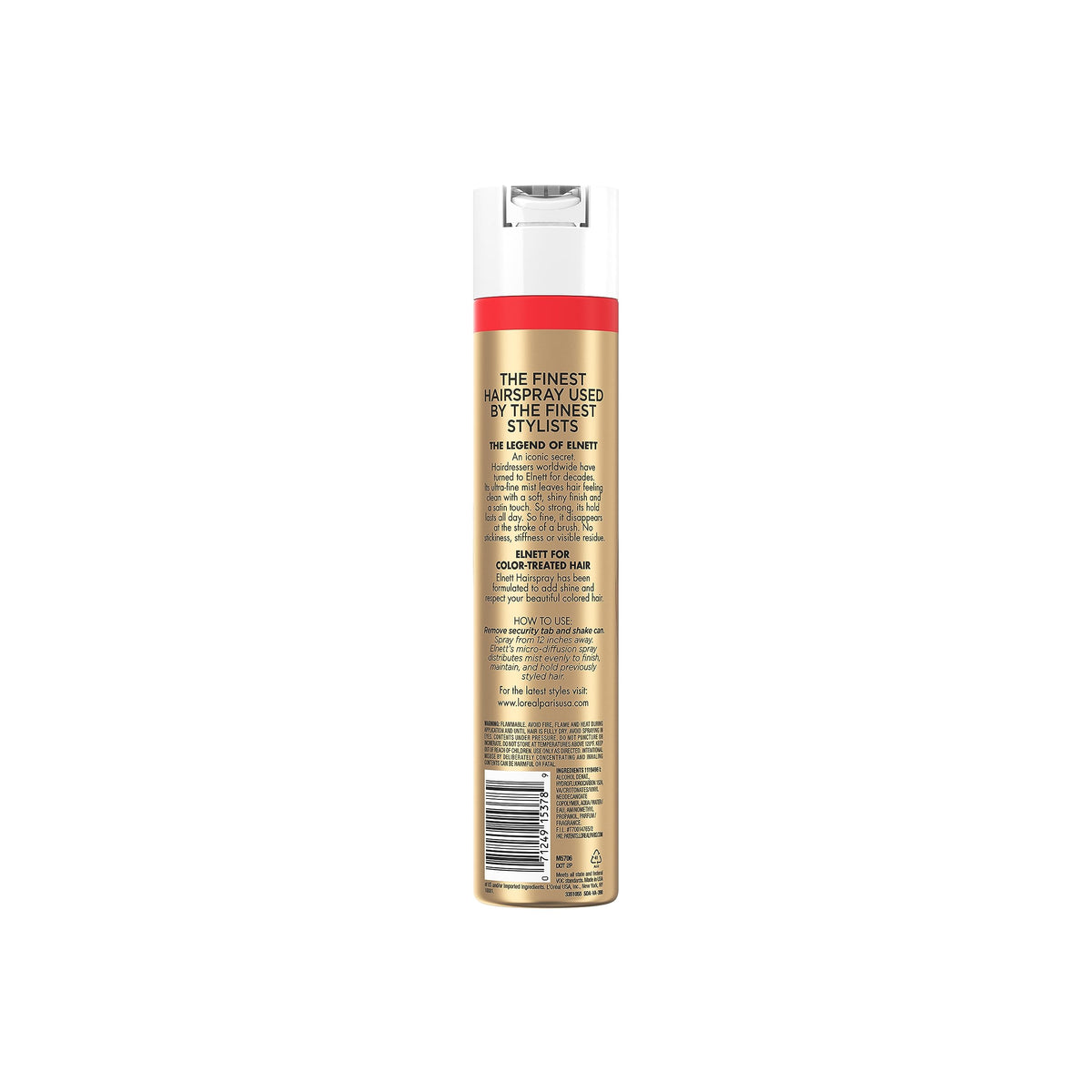 L'Oreal Paris Elnett placed on bathroom shelf with other styling products