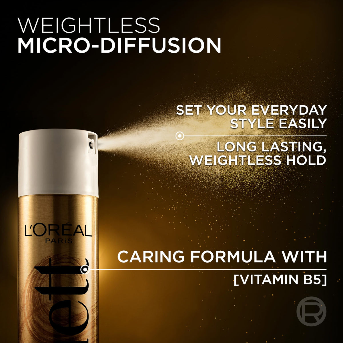 L'Oreal Paris Elnett can next to hand showing 11 oz size clarity