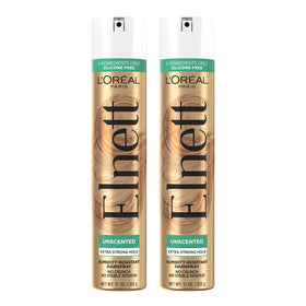 L'Oreal Paris Elnett front packaging showing two cans and product benefit
