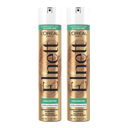 L'Oreal Paris Elnett front packaging showing two cans and product benefit