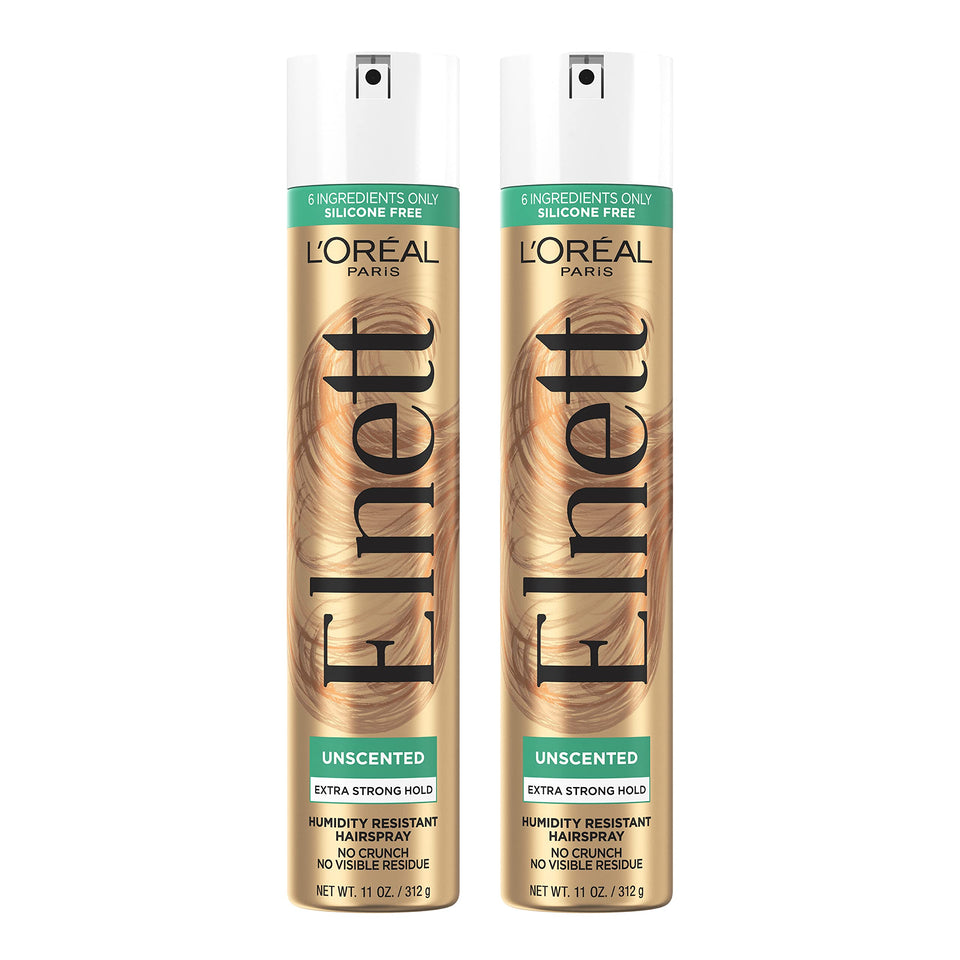 L'Oreal Paris Elnett front packaging showing two cans and product benefit