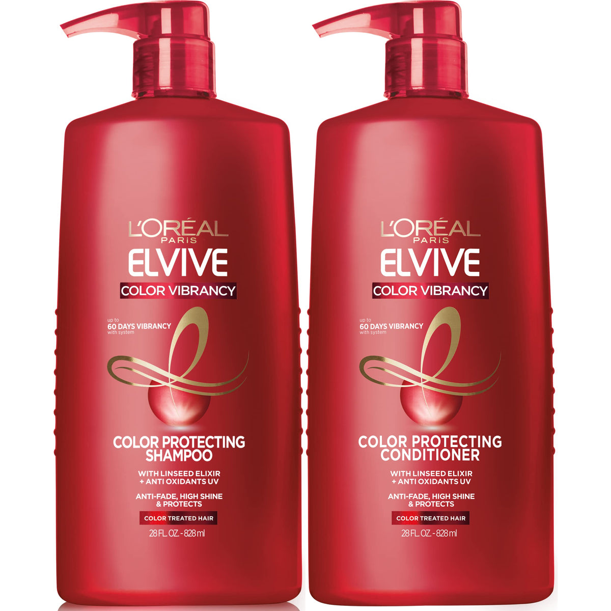 L'Oreal Paris Elvive duo front packaging showing bottles and clear labeling for color protection