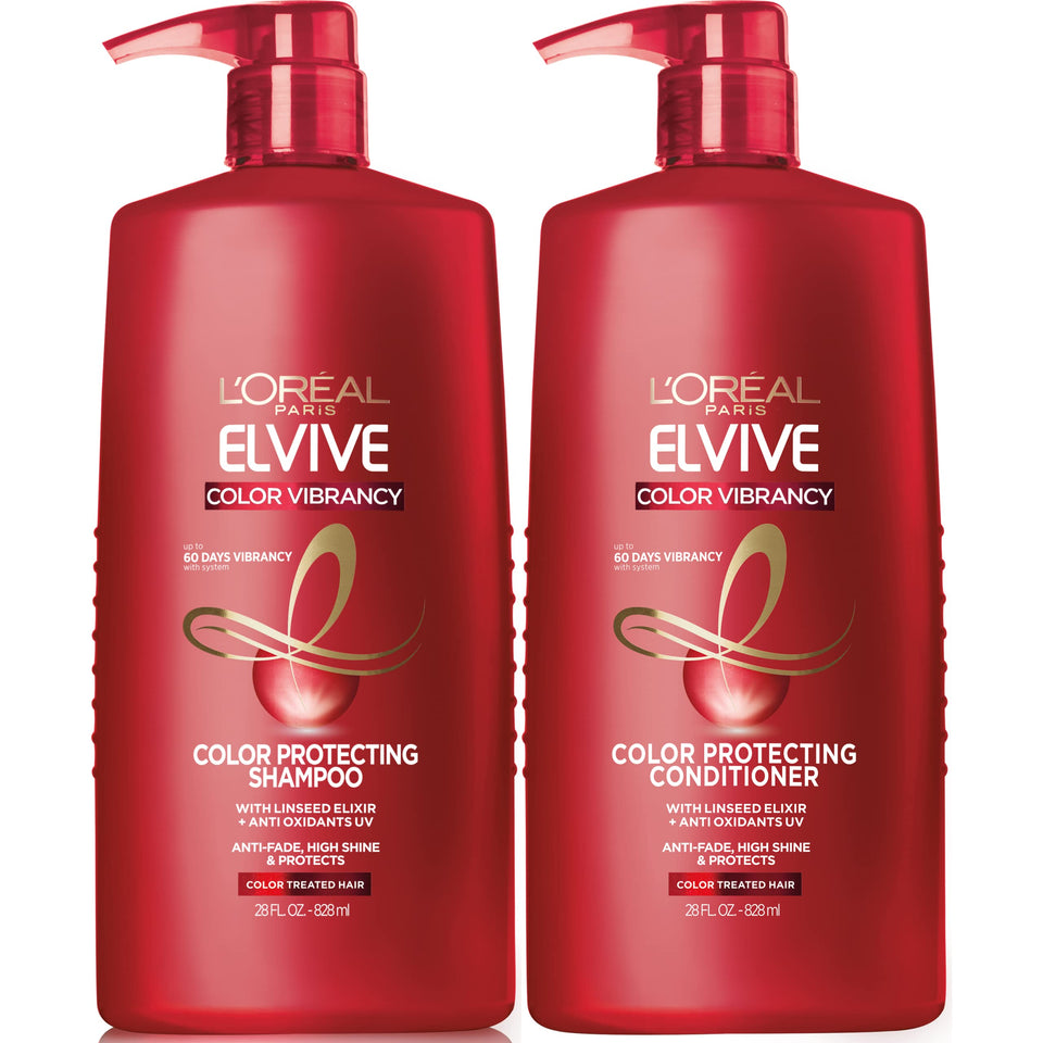 L'Oreal Paris Elvive duo front packaging showing bottles and clear labeling for color protection