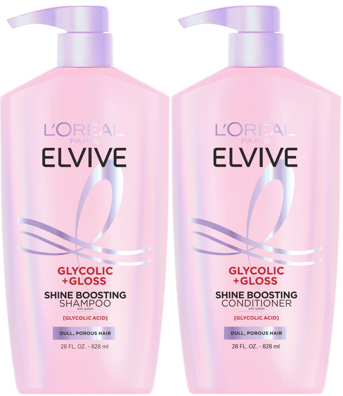 L'Oreal Paris Elvive front packaging showing glossy bottles and set benefit