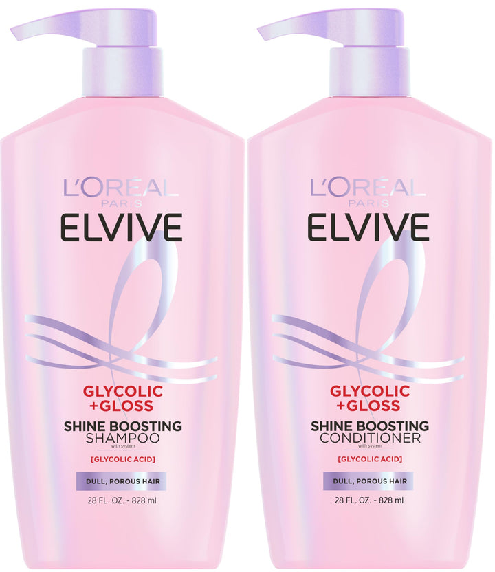 L'Oreal Paris Elvive front packaging showing glossy bottles and set benefit