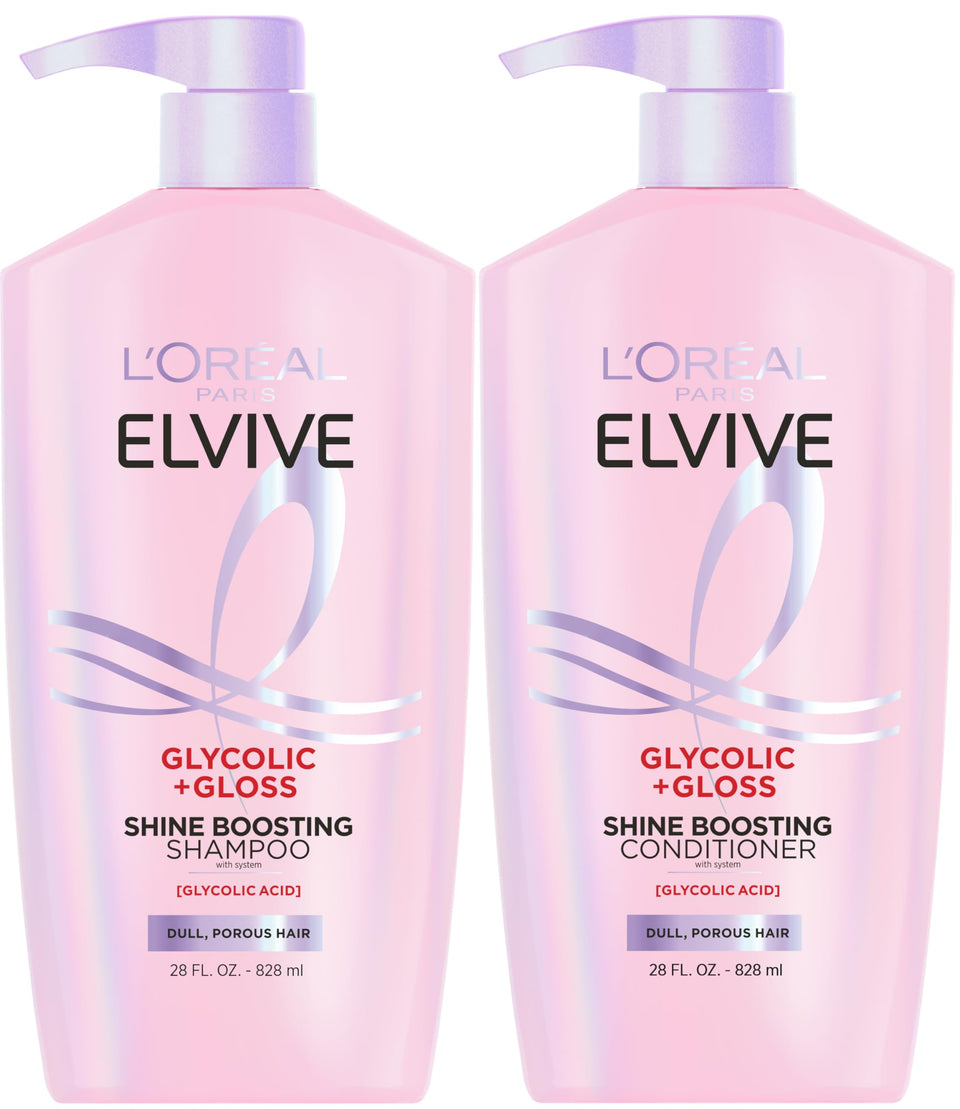 L'Oreal Paris Elvive front packaging showing glossy bottles and set benefit