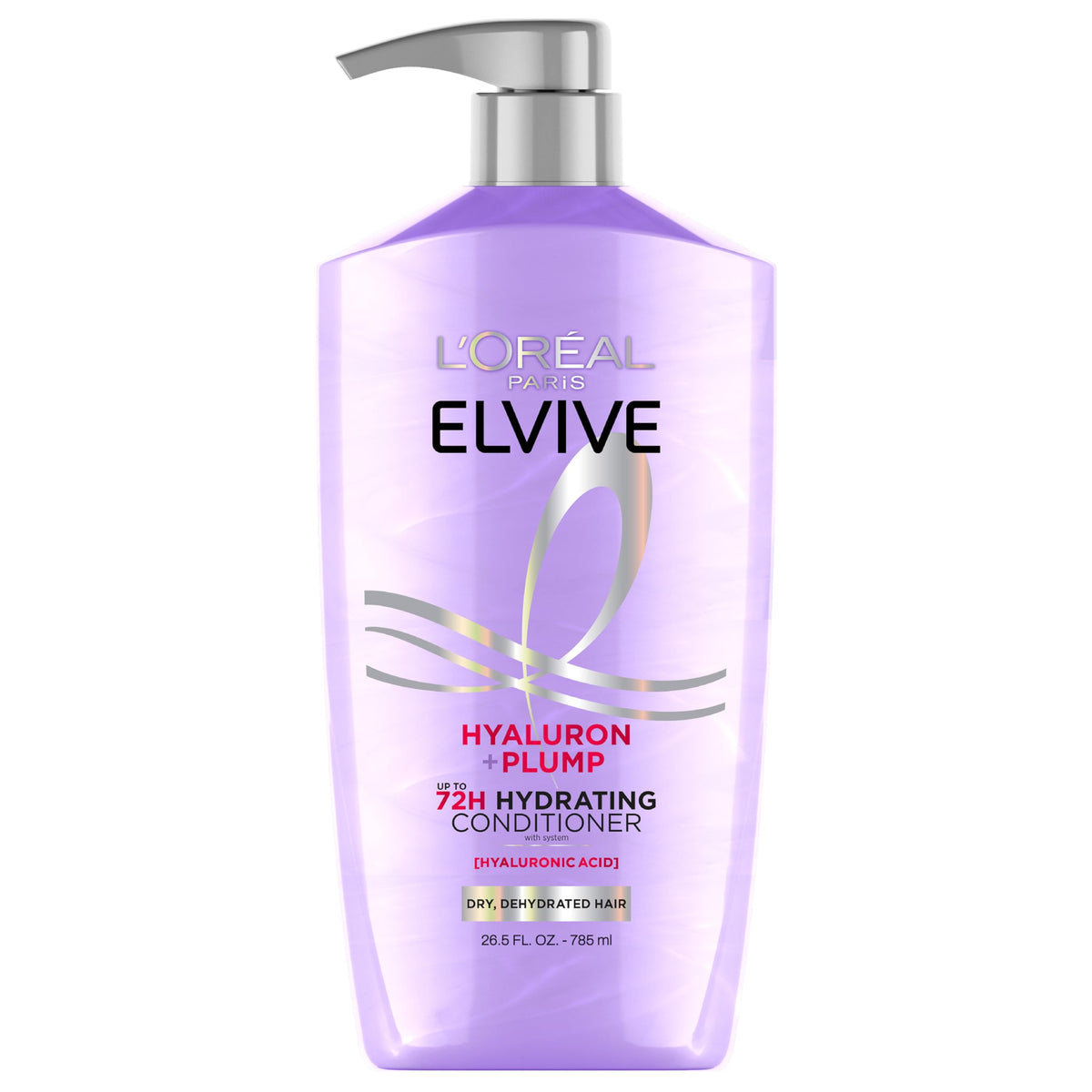 L'Oreal Paris front bottle showing hyaluron plump conditioner, visible benefit: long-lasting moisture