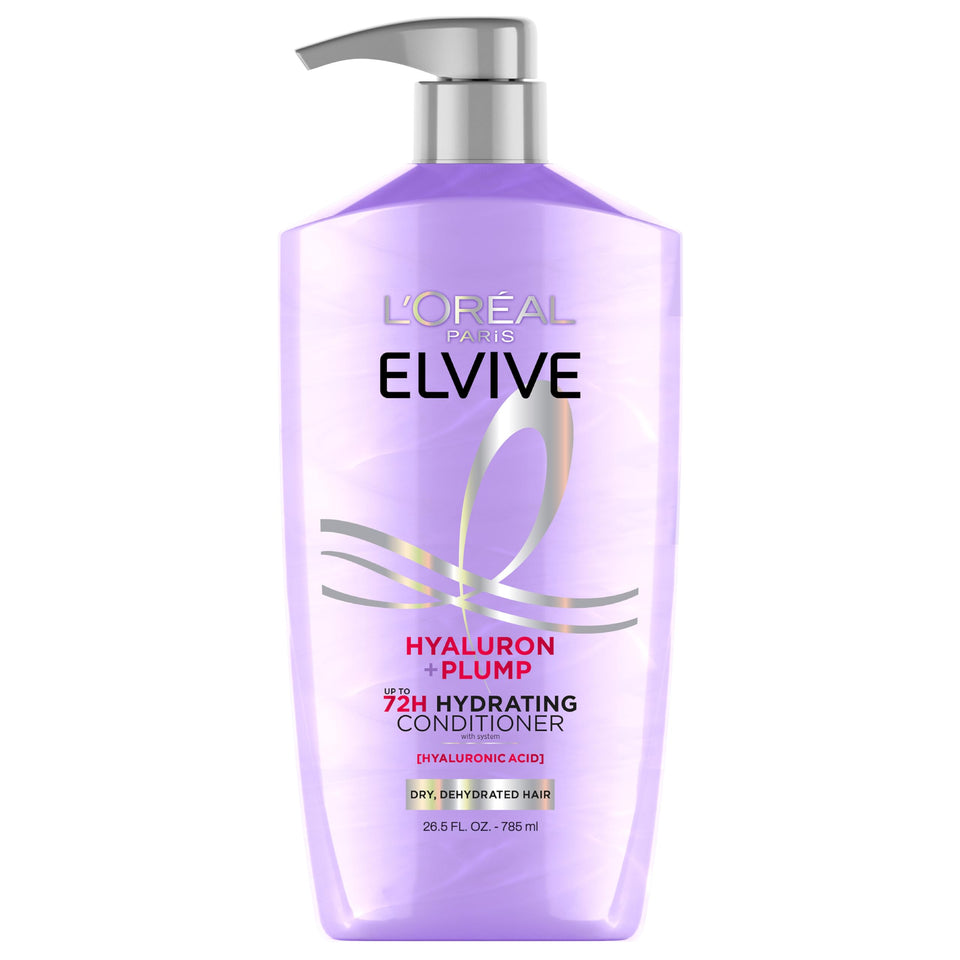 L'Oreal Paris front bottle showing hyaluron plump conditioner, visible benefit: long-lasting moisture