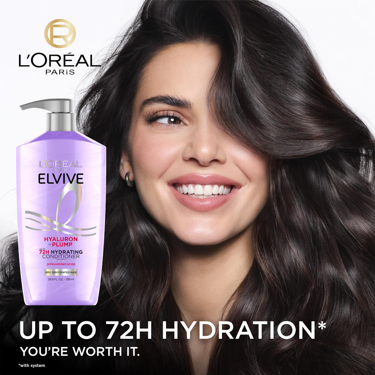 L'Oreal Paris pump dispensing conditioner, illustrating easy application and controlled dosage