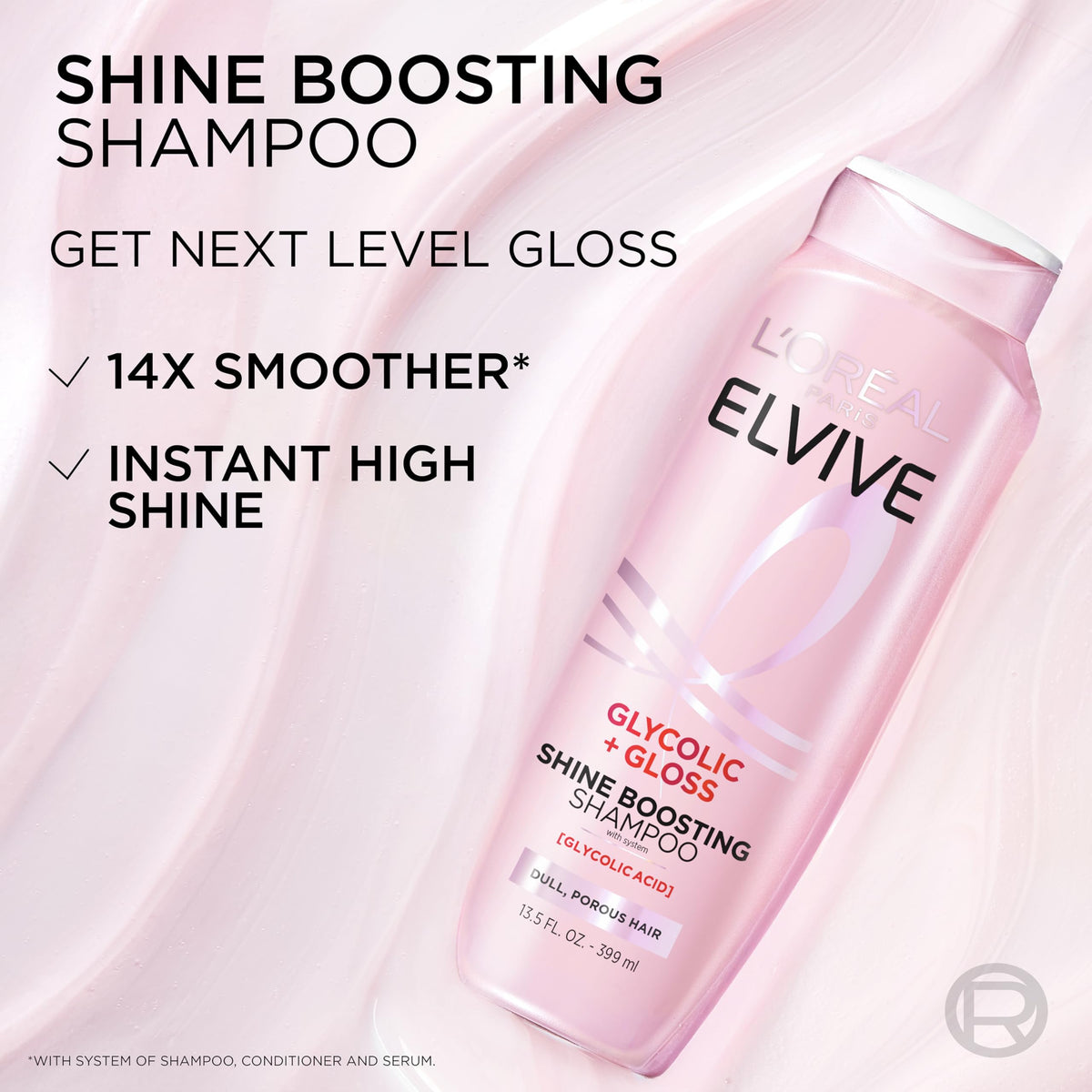 L'Oreal Paris Elvive serum drop applied to hair for instant gloss